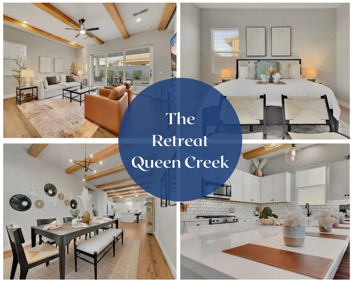 The image showcases a bright, open-concept interior featuring a comfortable living area with plush seating, a modern dining table set for gathering, a spacious, well-equipped kitchen perfect for group meals, and a glimpse of a tranquil bedroom retreat. The cohesive decor and ample natural light create an inviting, family-friendly atmosphere.